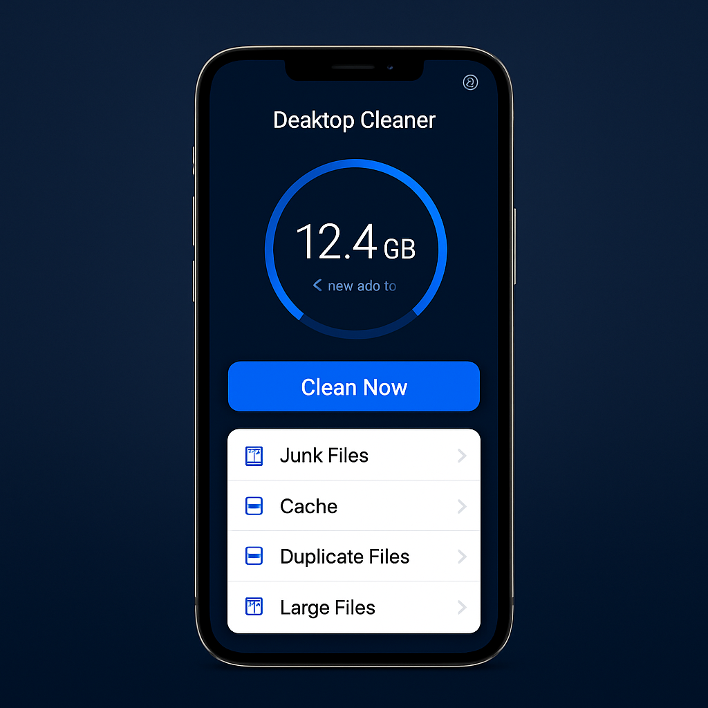 Desktop Cleaner app English home screen showing storage scan and clean button